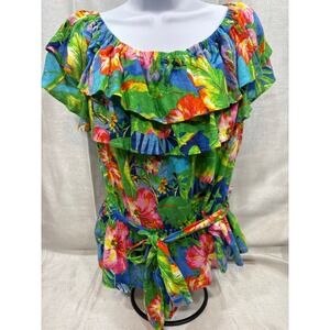 Lauren Ralph Lauren Tropical Floral Ruffle Top Green Blue Linen Blend Medium